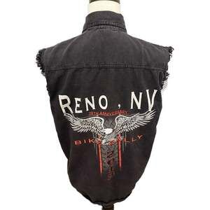 Vintage 2013 Reno NV Bike Rally 19th Anniversary Black Denim Cutoff Biker Vest S